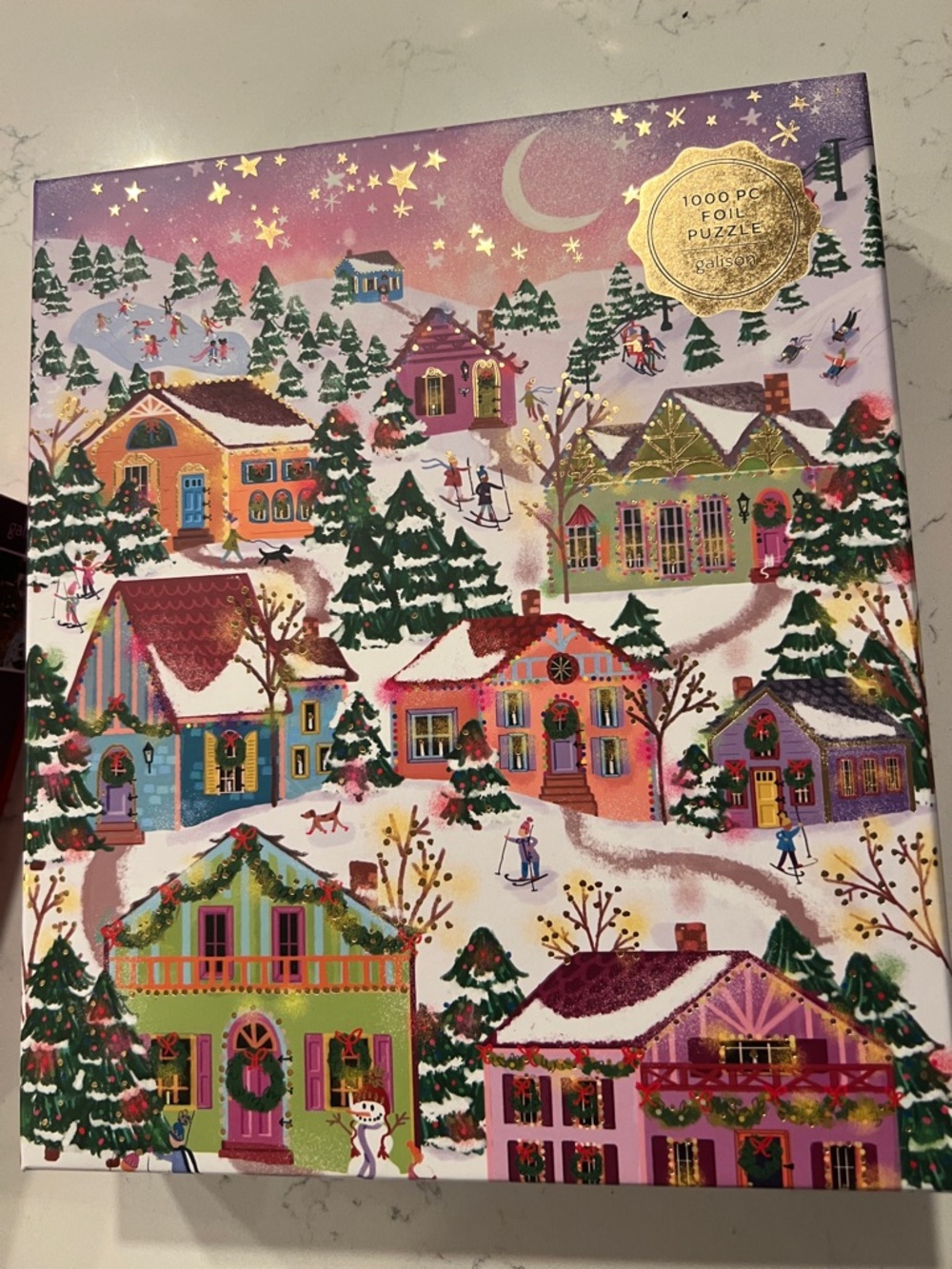 Festive Holiday Village Foil Puzzle - Pink & Purple Houses